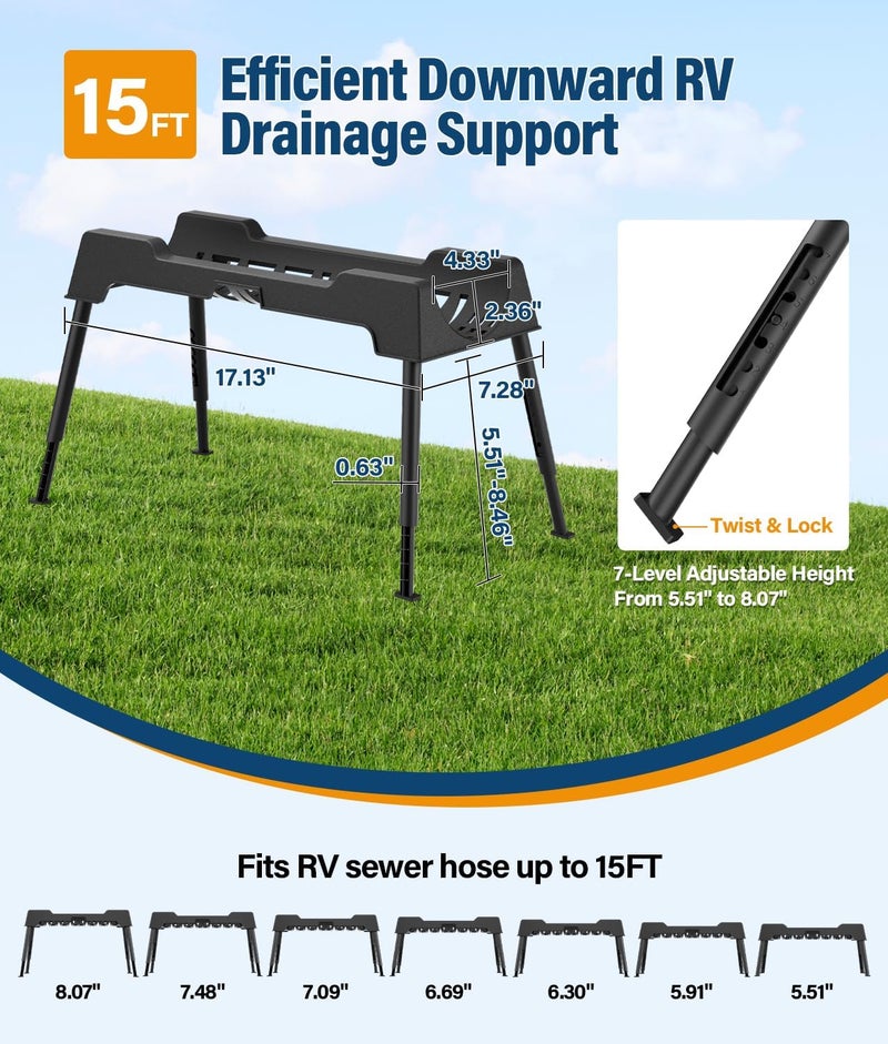 PAHTTO RV Sewer Hose Support, 15FT Heavy-Duty Camper Waste Hose Holder with 7 Foldable Sections, Adjustable & Stable Waste Drainage Support with Strap, Stackable & Weather-Resistant (Patent Pending) - Image 2